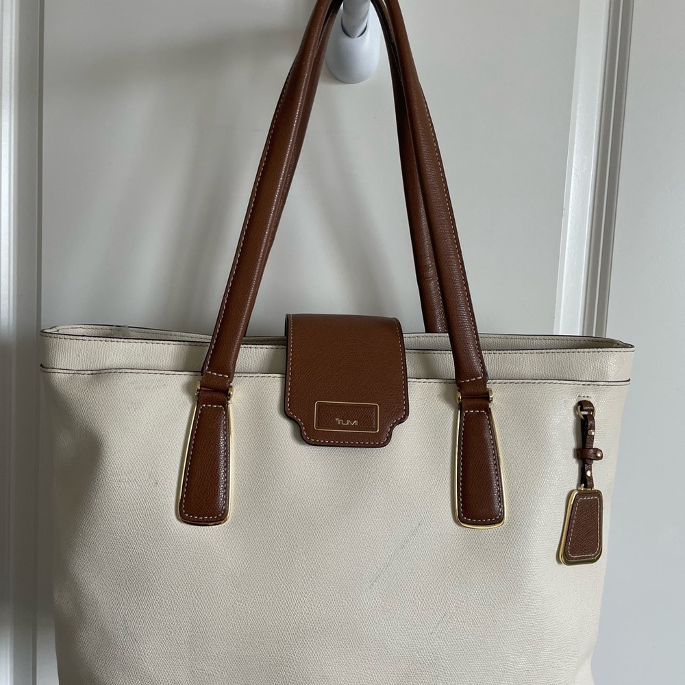 Tumi Cream and Brown Leather-Trim Tote Bag